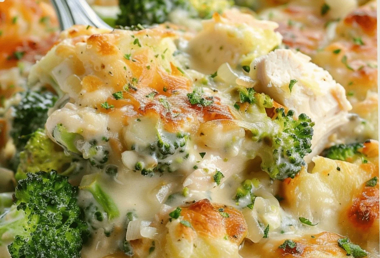 Deliciously creamy Baked Potato Chicken and Broccoli Casserole topped with cheese