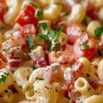 Delicious BLT Macaroni Salad served in a bowl with fresh ingredients.