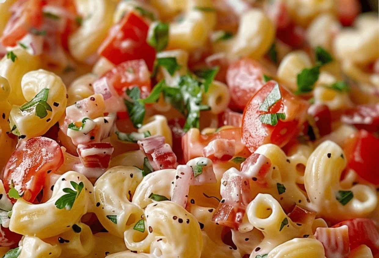 Delicious BLT Macaroni Salad served in a bowl with fresh ingredients.