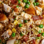 Delicious chicken and bacon fried rice served in a bowl