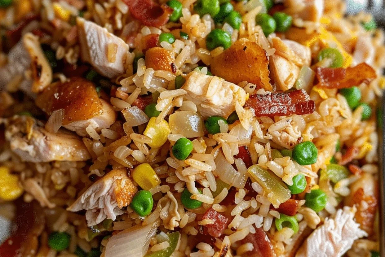 Delicious chicken and bacon fried rice served in a bowl