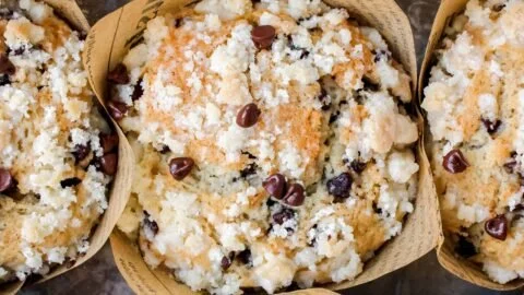 Chocolate Chip Crumble Muffins with a crispy topping, freshly baked.