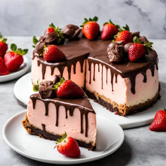 Delicious chocolate covered strawberry cheesecake slice on a plate