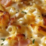 Cheesy chicken casserole with bacon pasta bake, a delicious comfort food dish.