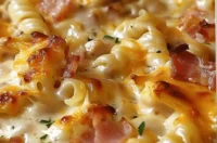 Cheesy chicken casserole with bacon pasta bake, a delicious comfort food dish.