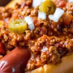 Crockpot hot dog chili served in a bowl with toppings.