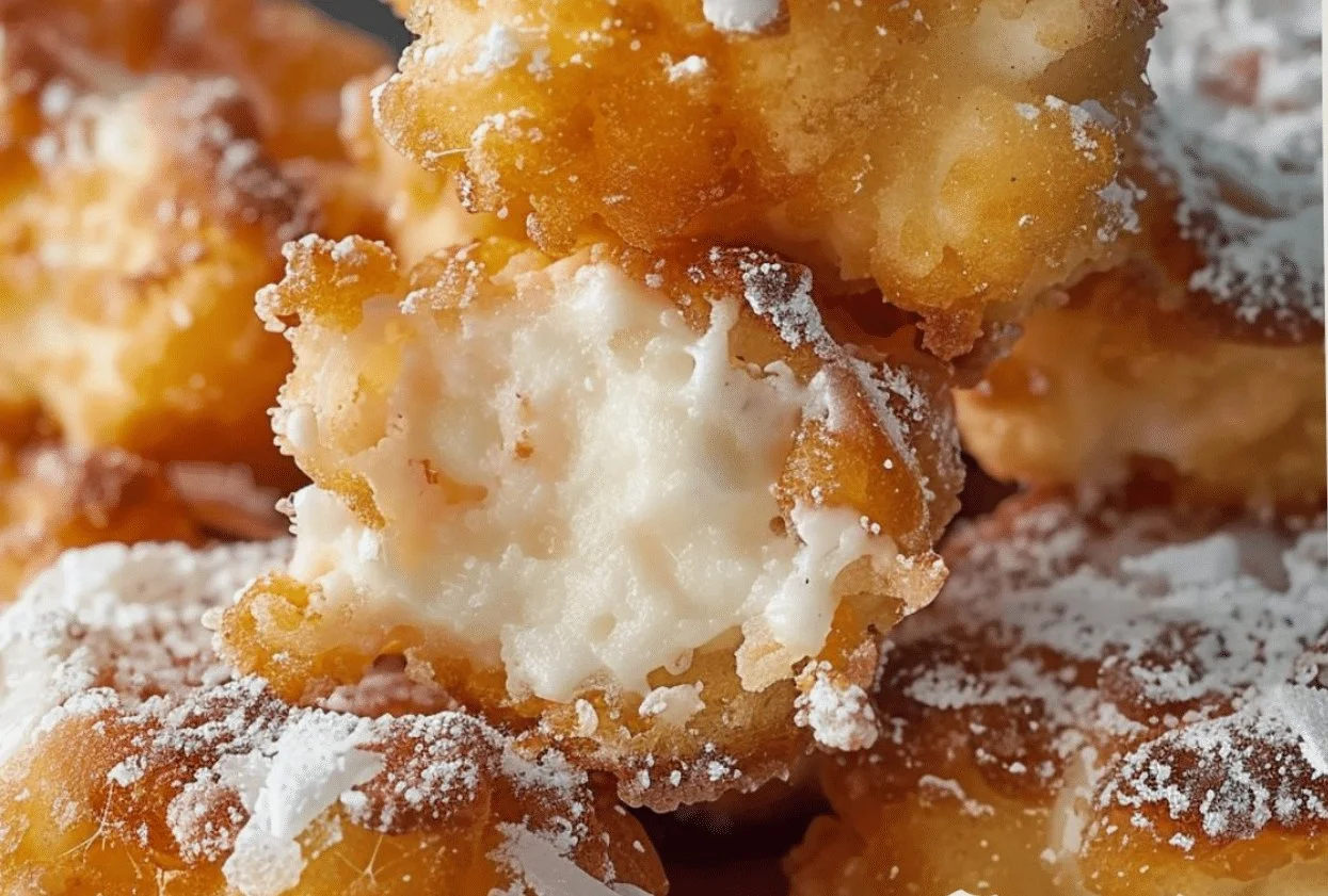 Plate of golden deep fried marshmallows, crispy on the outside and gooey inside.
