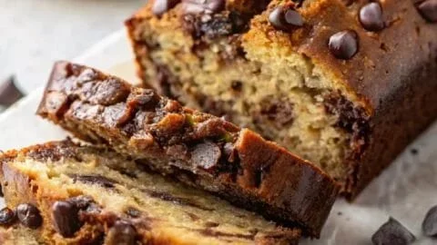 Deliciously moist chocolate chip banana bread fresh out of the oven