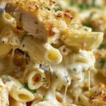 Baked Garlic Parmesan Chicken Pasta served in a dish, garnished with parsley