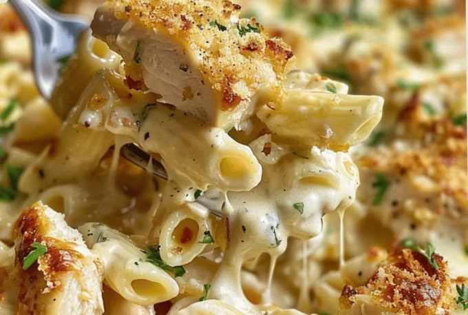 Baked Garlic Parmesan Chicken Pasta served in a dish, garnished with parsley