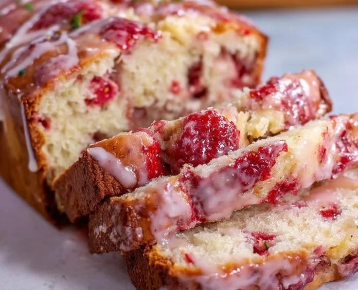 Delicious glazed strawberry bread with a sweet topping ready to be enjoyed.