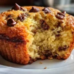 Freshly baked classic chocolate chip muffins with melting chocolate chips