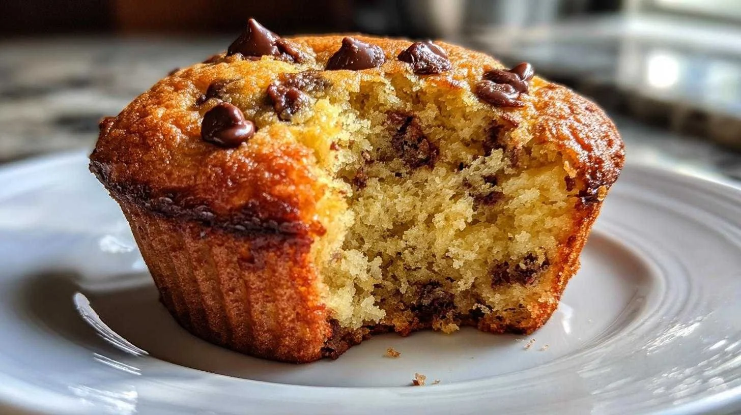 Freshly baked classic chocolate chip muffins with melting chocolate chips