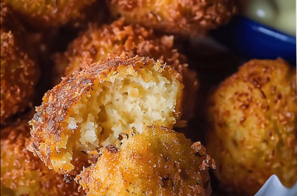 Plate of homemade hush puppies with dipping sauce.