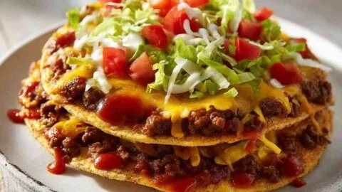 Delicious homemade Taco Bell Mexican pizza with cheese, toppings, and sauces