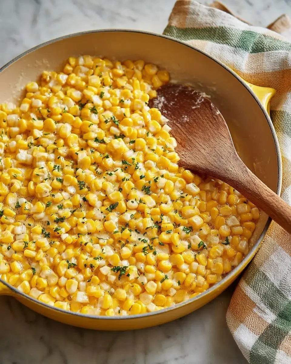 Honey butter skillet corn served in a cast iron pan, featuring a sweet glaze