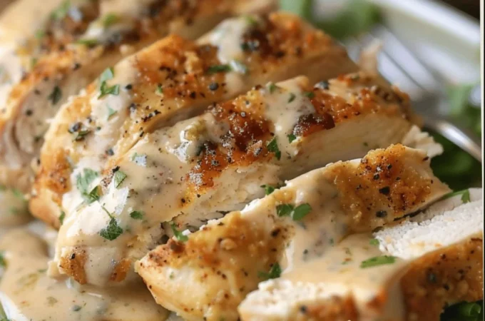 Melt In Your Mouth Caesar Chicken dish with creamy dressing and fresh ingredients