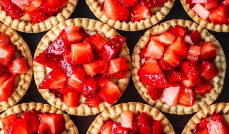 Delicious mini strawberry tartlets topped with fresh strawberries and cream.