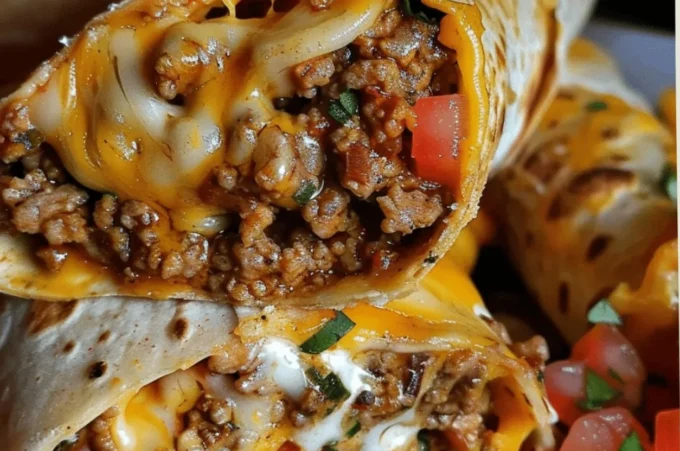 Delicious nacho cheese beef wraps served on a plate with toppings.