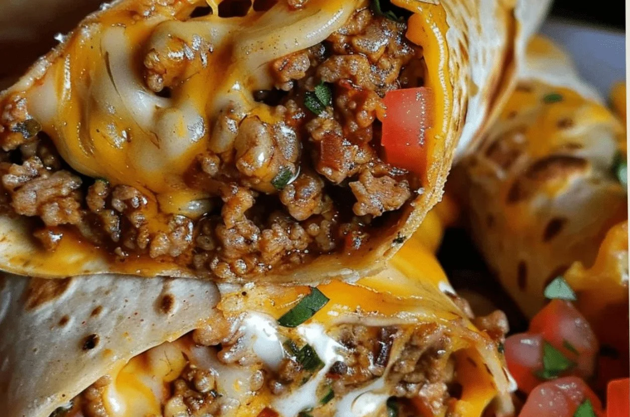Delicious nacho cheese beef wraps served on a plate with toppings.