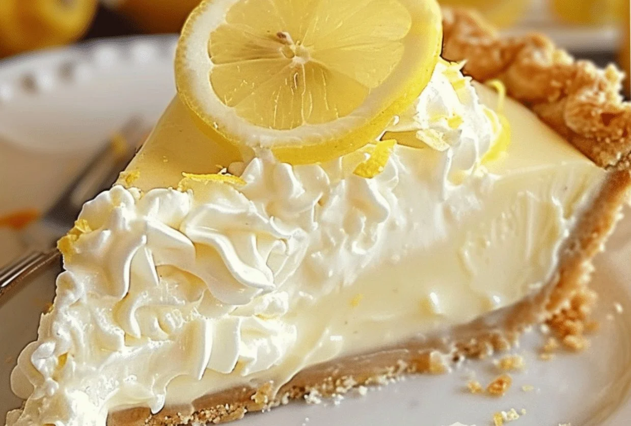 No-Bake Cream Cheese Lemonade Pie topped with fresh lemons and whipped cream