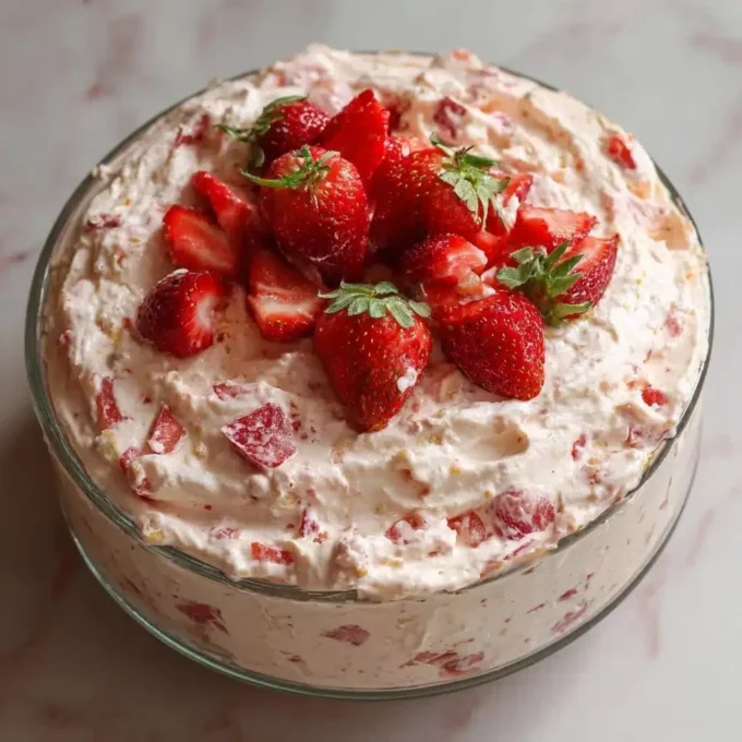 A bowl of Strawberry Fluff Salad with fresh strawberries and cream.