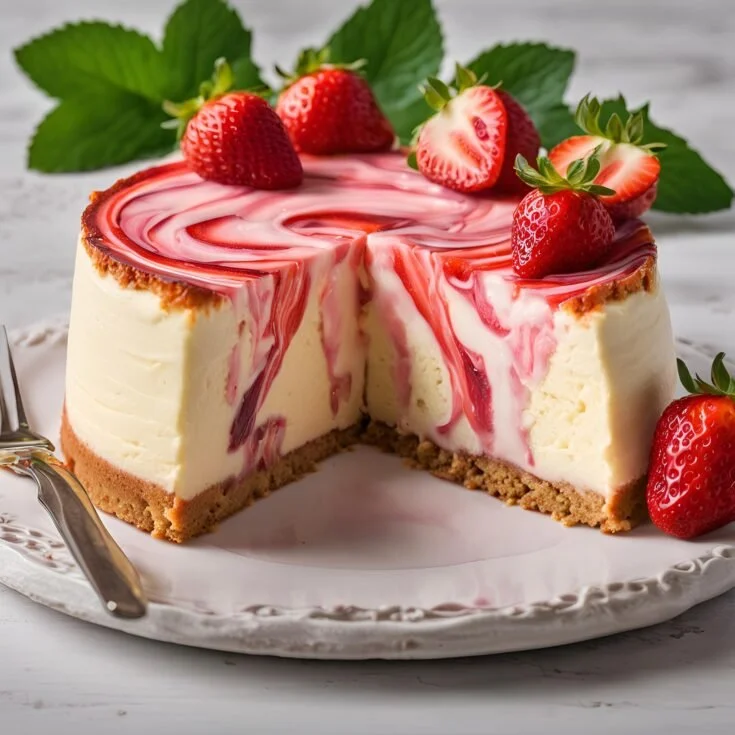 Delicious strawberry swirl cheesecake with vibrant strawberry topping