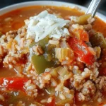 Bowl of hearty stuffed bell pepper soup topped with herbs.