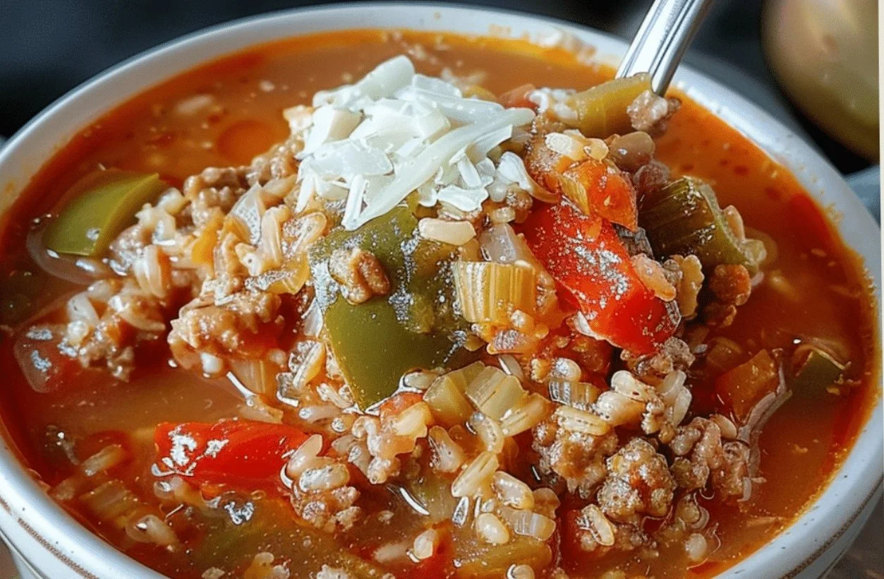 Bowl of hearty stuffed bell pepper soup topped with herbs.