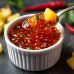 Jar of Sweet Chili Pineapple Sauce with fresh pineapples and chili peppers