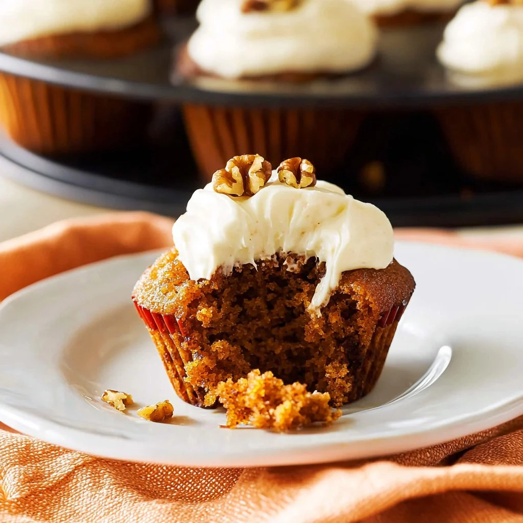 Deliciously moist carrot cake cupcakes topped with cream cheese frosting.