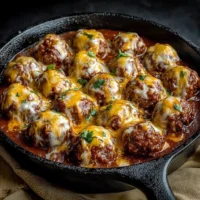 Cheesy beef meatballs in enchilada sauce on a plate garnished with fresh herbs.