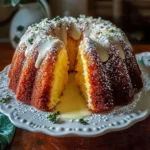 Slice of Cream Cheese Pineapple Bundt Cake on a plate with pineapples