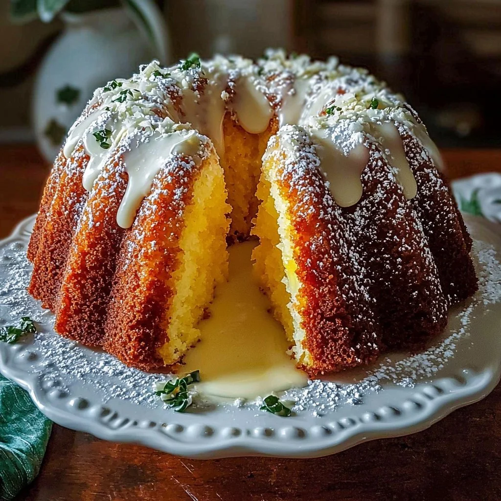 Slice of Cream Cheese Pineapple Bundt Cake on a plate with pineapples