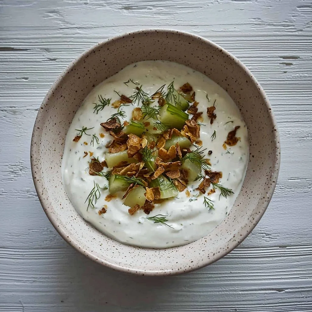Creamy dill pickle dip served in a bowl with crackers and fresh dill