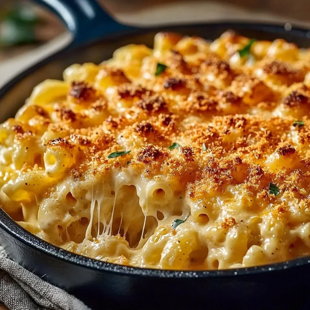 Bowl of easy good old-fashioned mac and cheese topped with breadcrumbs