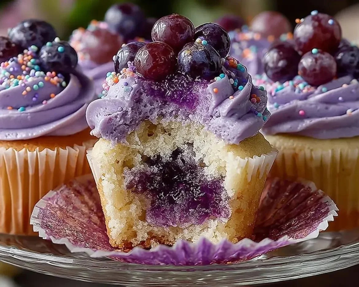 Delicious grape-infused cupcakes topped with creamy frosting
