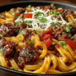 One-Skillet Zesty Honey Chili Beef Pasta dish garnished with fresh herbs.