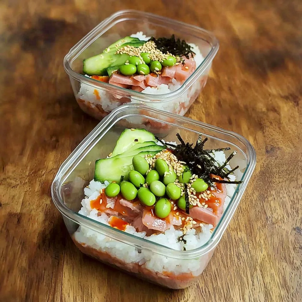 Protein-packed sushi bowl with fresh vegetables and seafood ingredients
