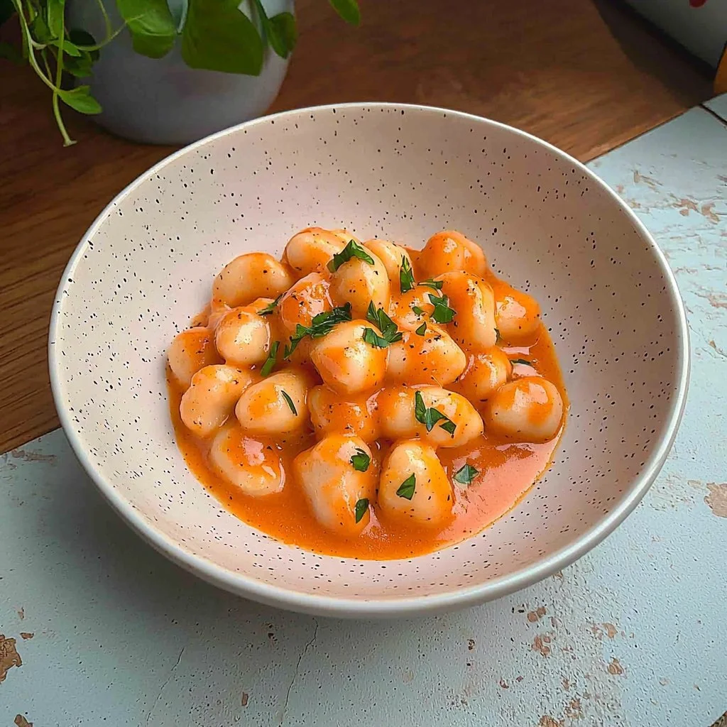 Protein-packed tomato gnocchi served with fresh herbs and colorful vegetables