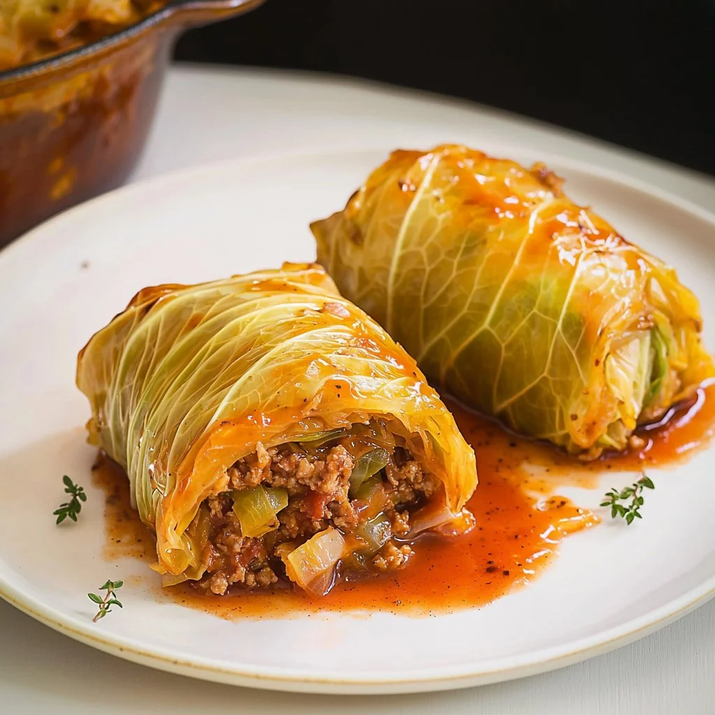 Savory cabbage rolls stuffed with meat and rice, freshly baked and ready to serve.