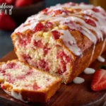 Freshly baked Strawberry Loaf Bread with ripe strawberries and a golden crust.