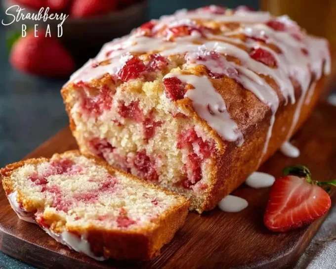 Freshly baked Strawberry Loaf Bread with ripe strawberries and a golden crust.