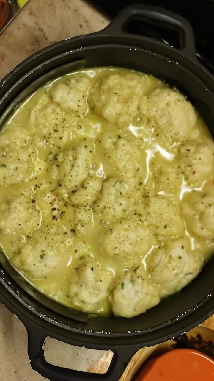 Feather dumplings in a bowl of chicken and dumplings