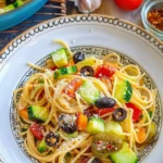 California-Style Spaghetti Salad with vegetables and dressing in a bowl
