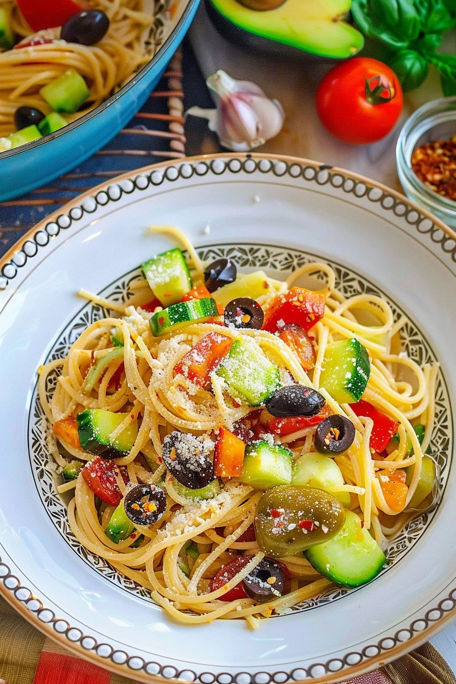 California-Style Spaghetti Salad with vegetables and dressing in a bowl