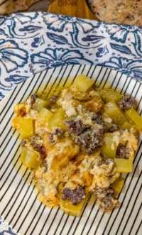 Delicious cheesy hamburger potato casserole served in a baking dish