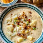 Creamy baked potato soup garnished with bacon and chives in a bowl