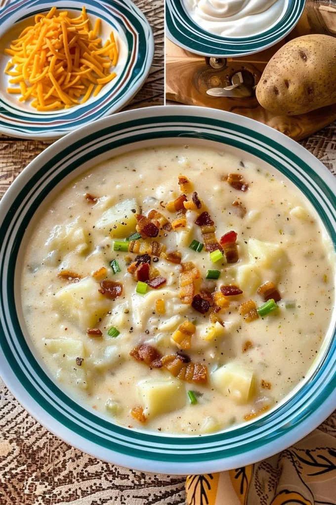 Creamy baked potato soup garnished with bacon and chives in a bowl