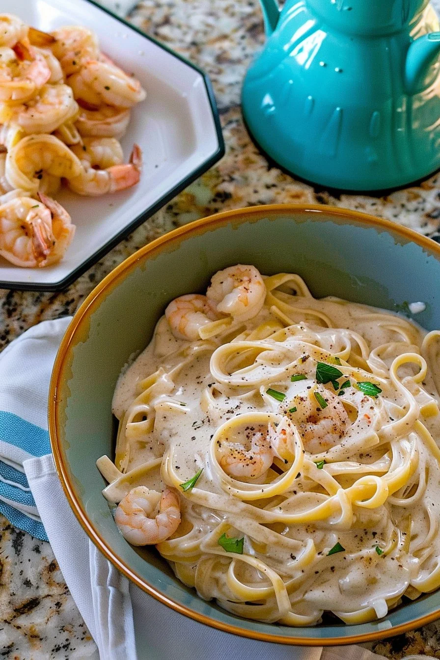 Creamy one-pan shrimp fettuccine Alfredo topped with parsley in a skillet
